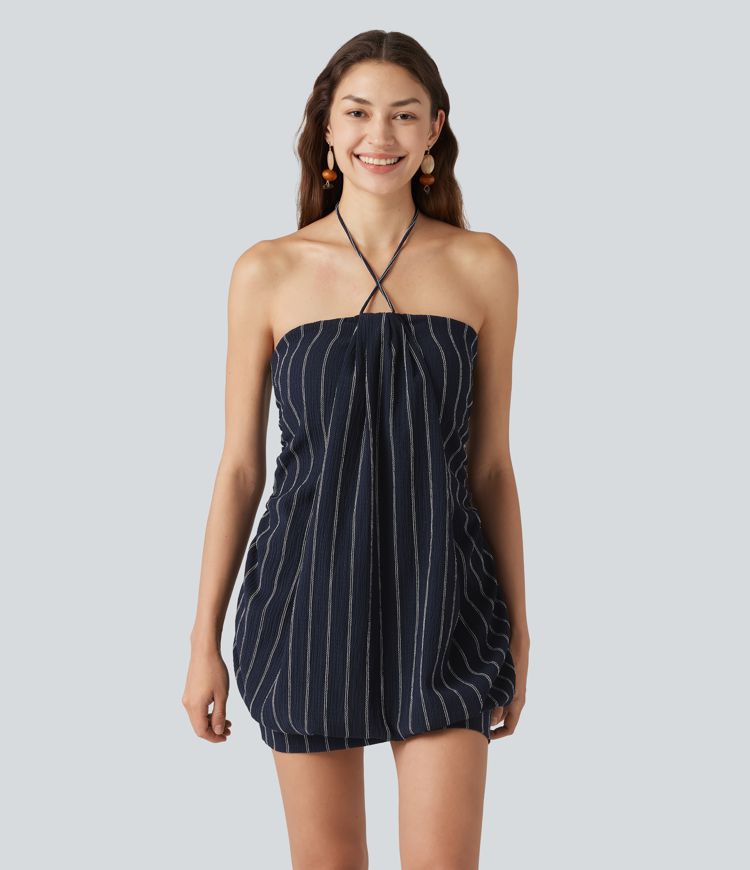 Halter Tie Back Built-in Bra Bodycon Stripe Micro Mini Dress