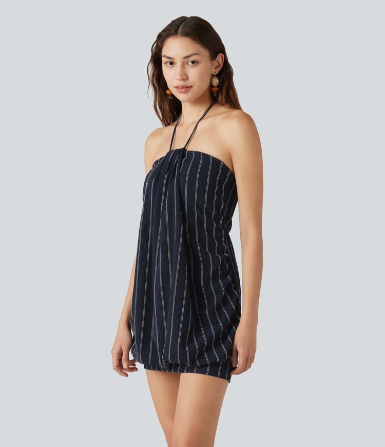 Halter Tie Back Built-in Bra Bodycon Stripe Micro Mini Dress