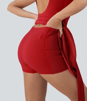 Breezeful™ Backless Tie Back 2-in-1 Quick Dry Mini Dance Active Dress with Side Pocket-Easy Peezy Edition
