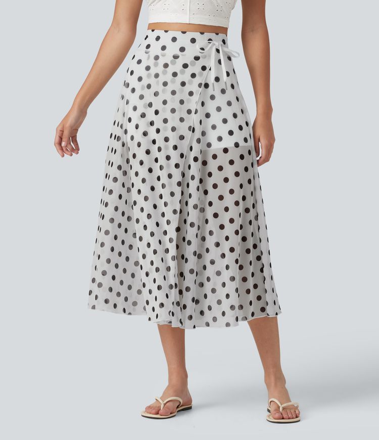 High-waisted Drawstring Polka Dot Mesh 2-in-1 Midi Flowy Flare Resort Skirt with Pockets High-waisted Drawstring Polka Dot Mesh 2-in-1 Midi Flowy Flare Resort Skirt with Pockets
