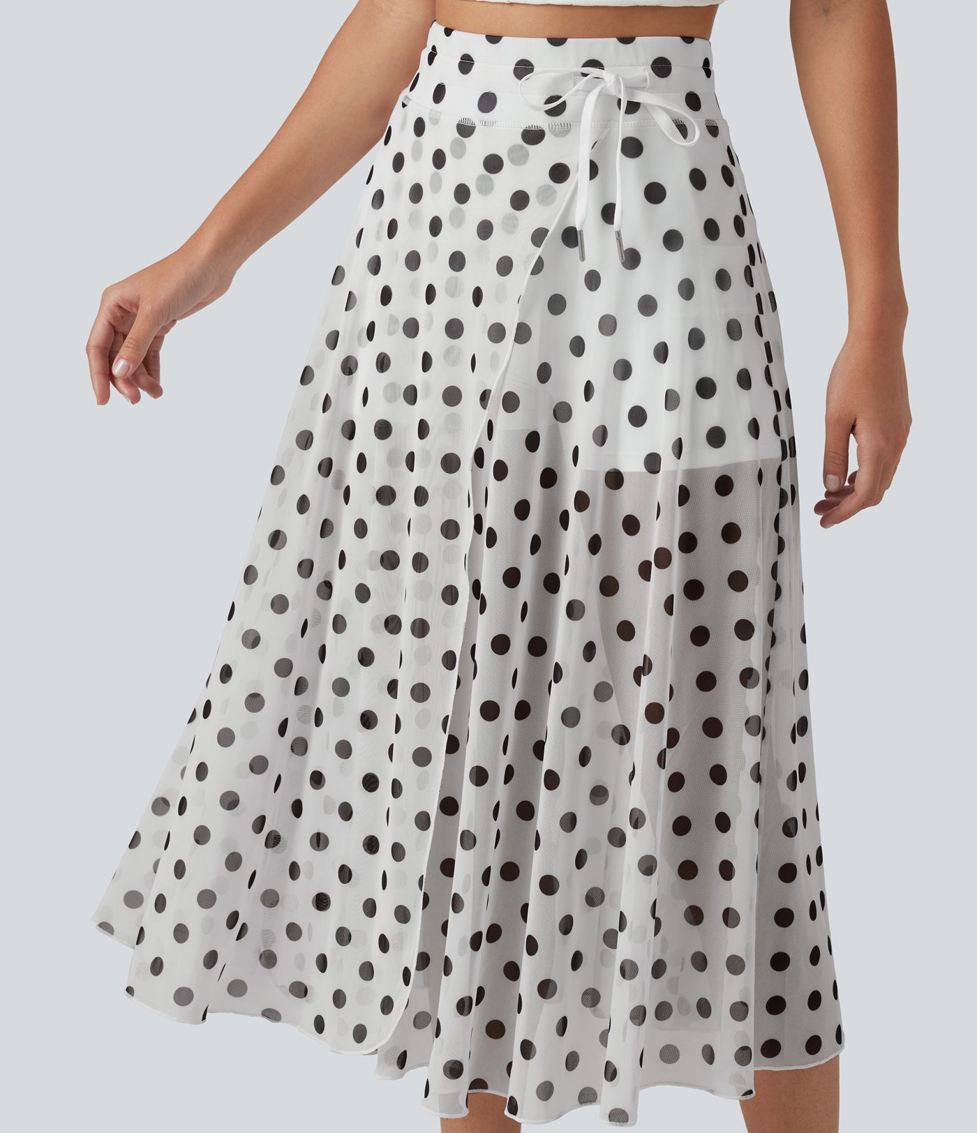 High-waisted Drawstring Polka Dot Mesh 2-in-1 Midi Flowy Flare Resort Skirt with Pockets High-waisted Drawstring Polka Dot Mesh 2-in-1 Midi Flowy Flare Resort Skirt with Pockets