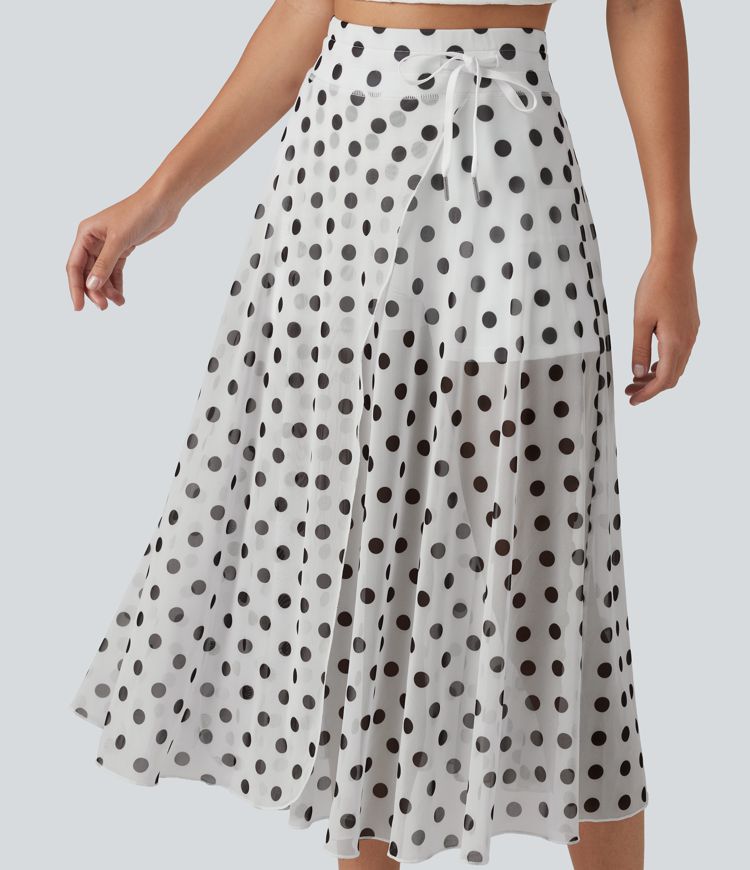 High-waisted Drawstring Polka Dot Mesh 2-in-1 Midi Flowy Flare Resort Skirt with Pockets High-waisted Drawstring Polka Dot Mesh 2-in-1 Midi Flowy Flare Resort Skirt with Pockets