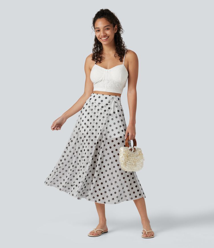 High-waisted Drawstring Polka Dot Mesh 2-in-1 Midi Flowy Flare Resort Skirt with Pockets High-waisted Drawstring Polka Dot Mesh 2-in-1 Midi Flowy Flare Resort Skirt with Pockets