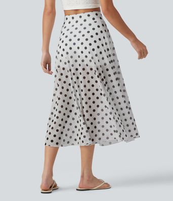 High-waisted Drawstring Polka Dot Mesh 2-in-1 Midi Flowy Flare Resort Skirt with Pockets High-waisted Drawstring Polka Dot Mesh 2-in-1 Midi Flowy Flare Resort Skirt with Pockets