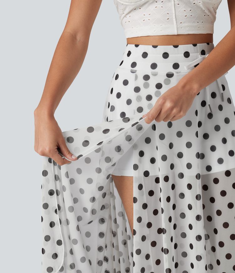 High-waisted Drawstring Polka Dot Mesh 2-in-1 Midi Flowy Flare Resort Skirt with Pockets High-waisted Drawstring Polka Dot Mesh 2-in-1 Midi Flowy Flare Resort Skirt with Pockets