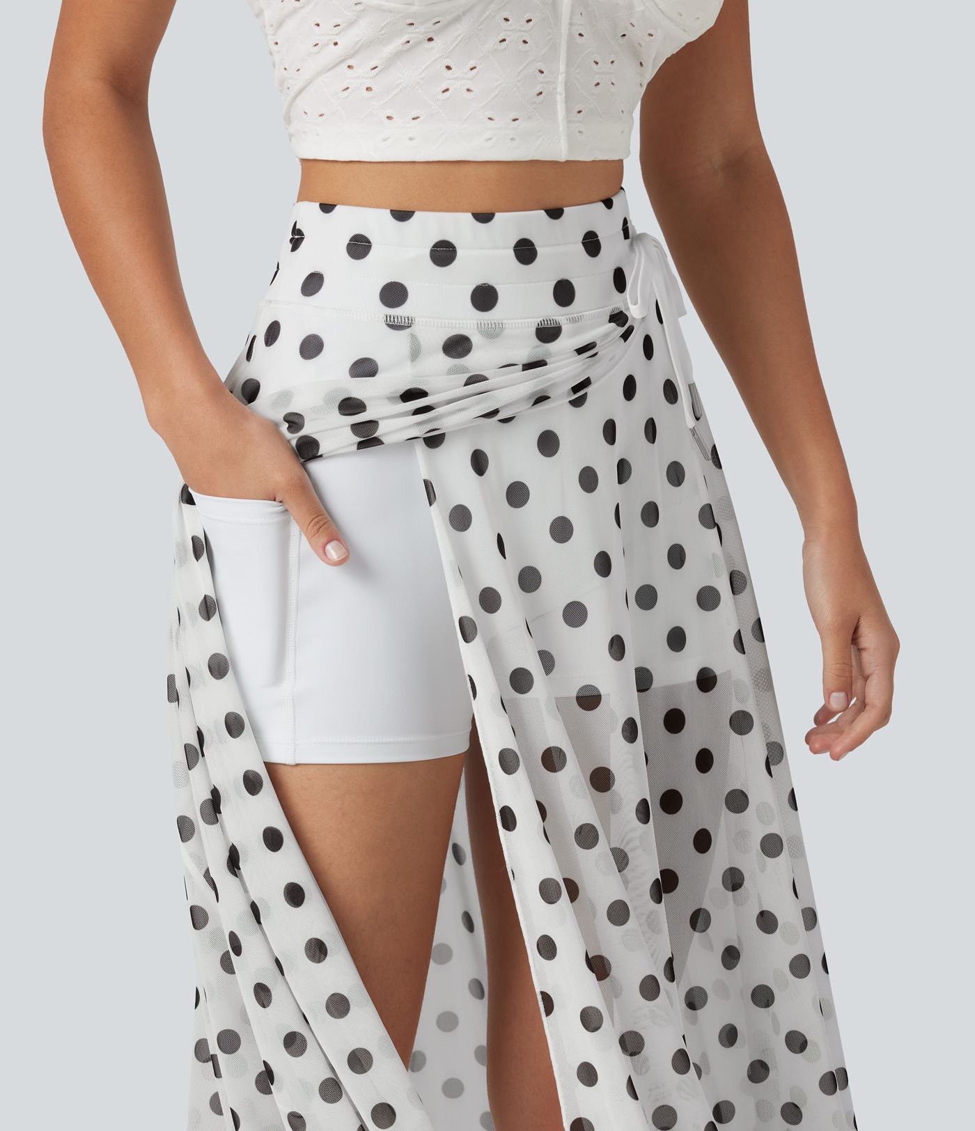 High-waisted Drawstring Polka Dot Mesh 2-in-1 Midi Flowy Flare Resort Skirt with Pockets High-waisted Drawstring Polka Dot Mesh 2-in-1 Midi Flowy Flare Resort Skirt with Pockets