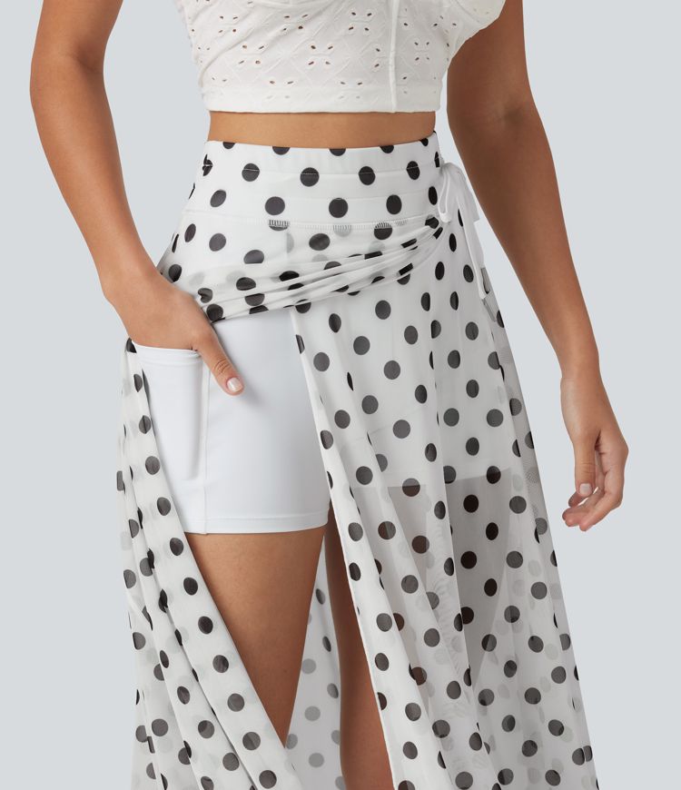 High-waisted Drawstring Polka Dot Mesh 2-in-1 Midi Flowy Flare Resort Skirt with Pockets High-waisted Drawstring Polka Dot Mesh 2-in-1 Midi Flowy Flare Resort Skirt with Pockets