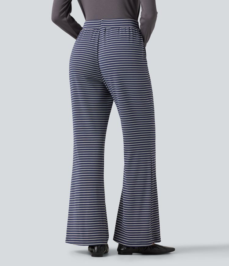 Ribbed Knit Stripes Mid Rise Drawstring Casual Bootcut Pants with Pockets