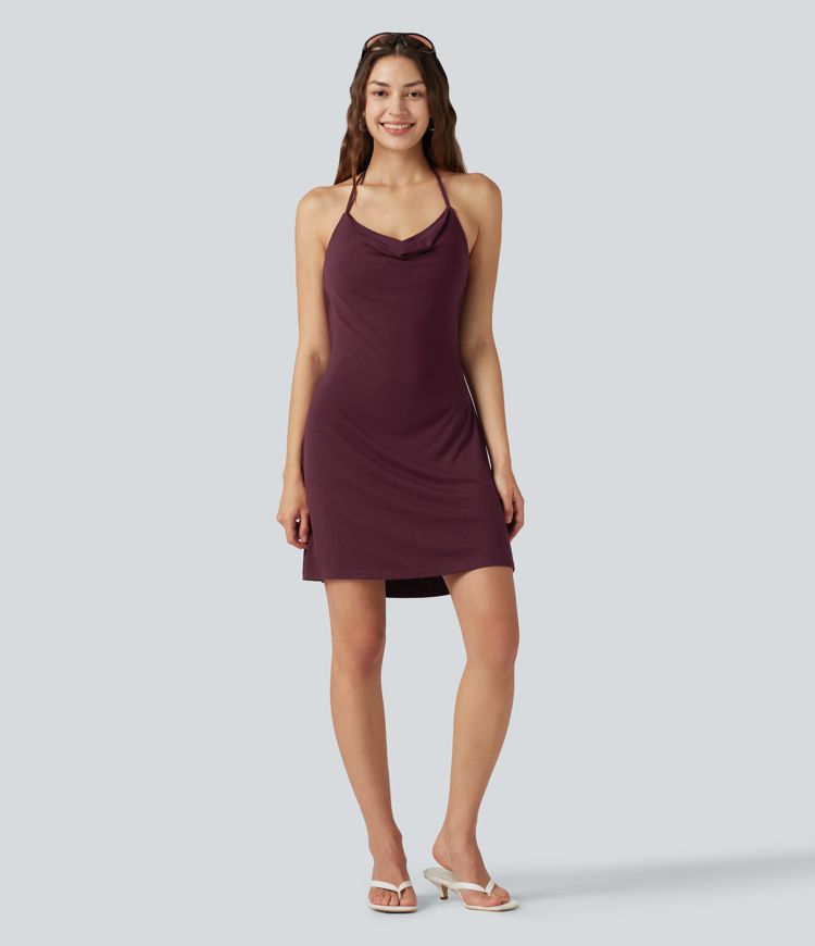 Rückenfreies, geripptes Minikleid mit Neckholder, Wasserfallausschnitt und integriertem BH