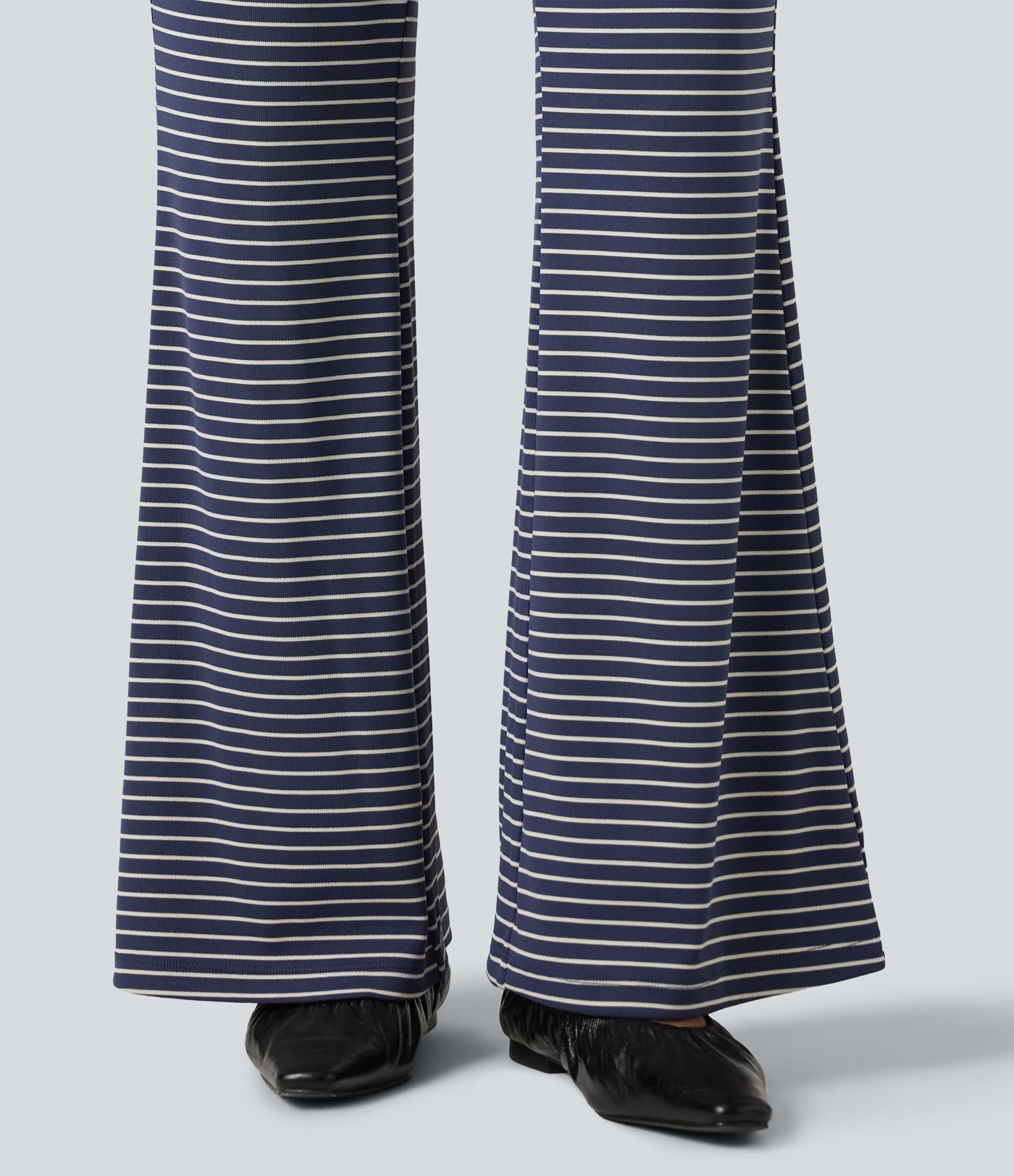 Ribbed Knit Stripes Mid Rise Drawstring Casual Bootcut Pants with Pockets