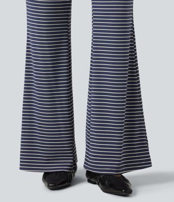 Ribbed Knit Stripes Mid Rise Drawstring Casual Bootcut Pants with Pockets