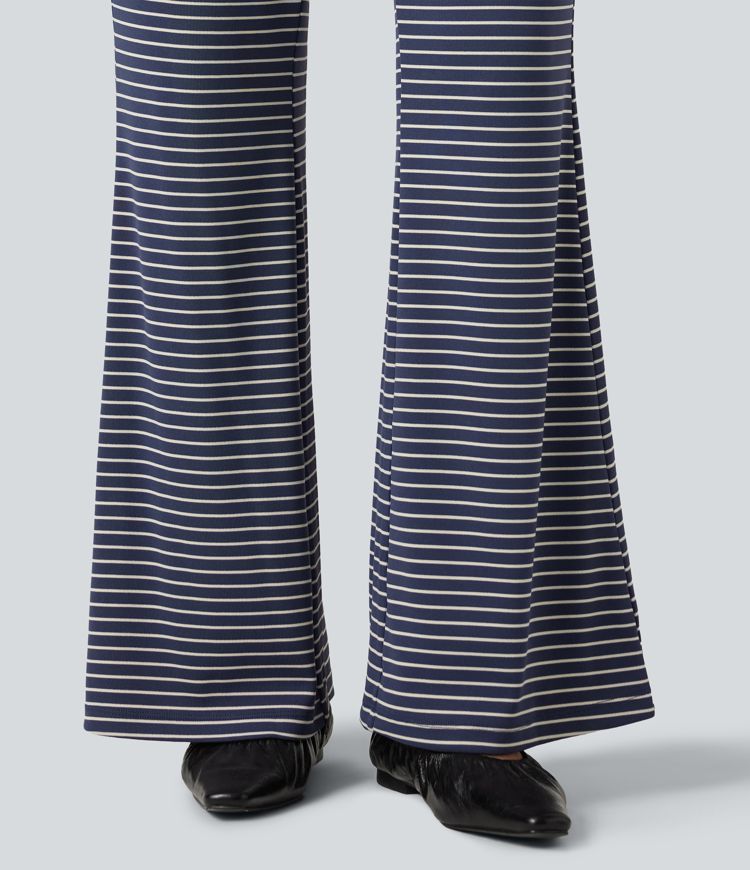 Ribbed Knit Stripes Mid Rise Drawstring Casual Bootcut Pants with Pockets