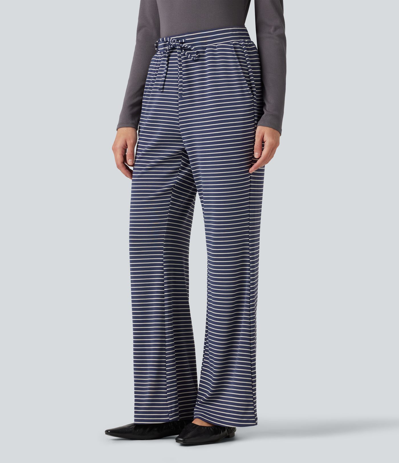 Ribbed Knit Stripes Mid Rise Drawstring Casual Bootcut Pants with Pockets