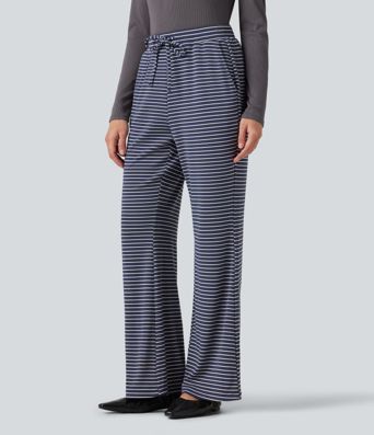 Ribbed Knit Stripes Mid Rise Drawstring Casual Bootcut Pants with Pockets