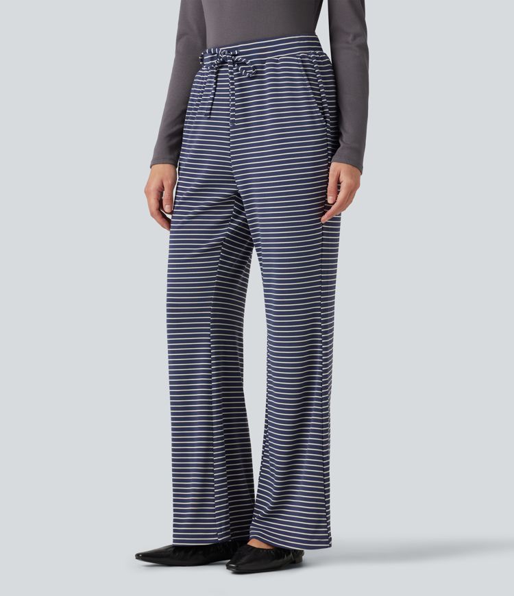 Ribbed Knit Stripes Mid Rise Drawstring Casual Bootcut Pants with Pockets