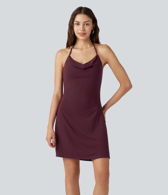 Rückenfreies, geripptes Minikleid mit Neckholder, Wasserfallausschnitt und integriertem BH