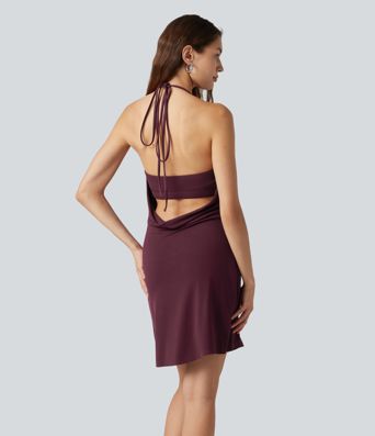 Ribbed Halter Cowl Neck Backless Built-in Bra Mini Casual Dress