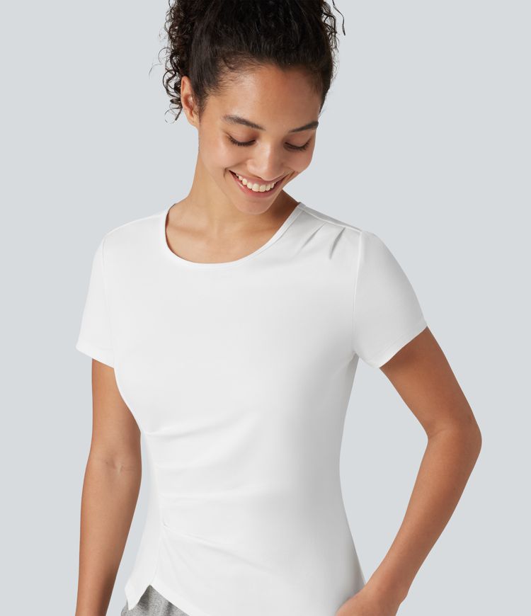 Top deportivo de algodón para correr, cuello redondo, manga corta, con fruncido y bajo asimétrico, de secado rápido