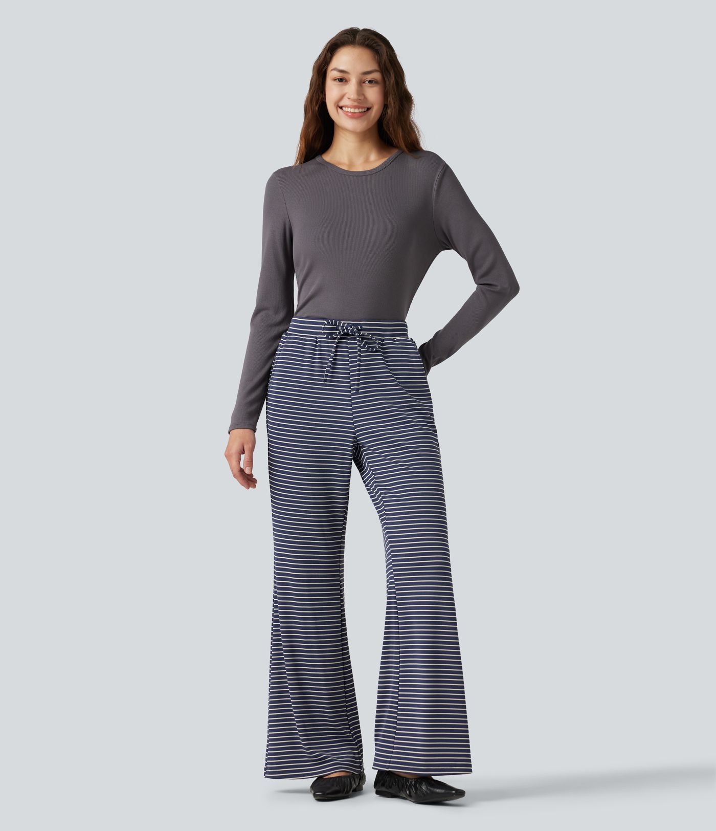 Ribbed Knit Stripes Mid Rise Drawstring Casual Bootcut Pants with Pockets