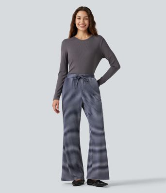 Ribbed Knit Stripes Mid Rise Drawstring Casual Bootcut Pants with Pockets