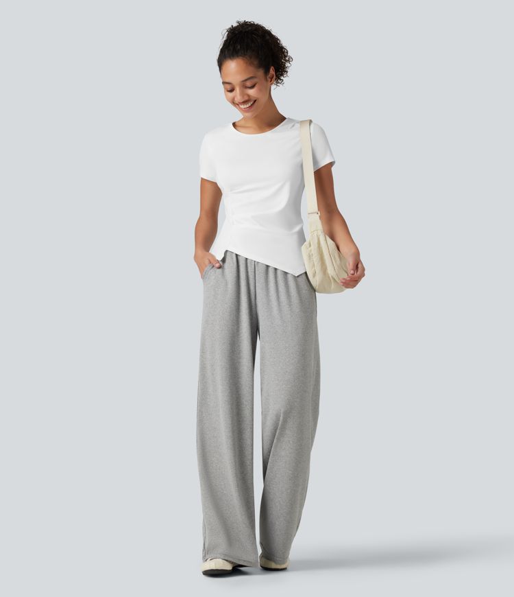 Top deportivo de algodón para correr, cuello redondo, manga corta, con fruncido y bajo asimétrico, de secado rápido