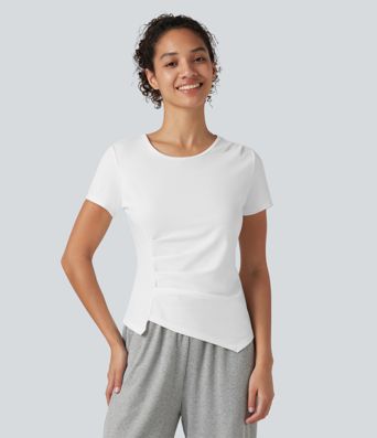 Top deportivo de algodón para correr, cuello redondo, manga corta, con fruncido y bajo asimétrico, de secado rápido