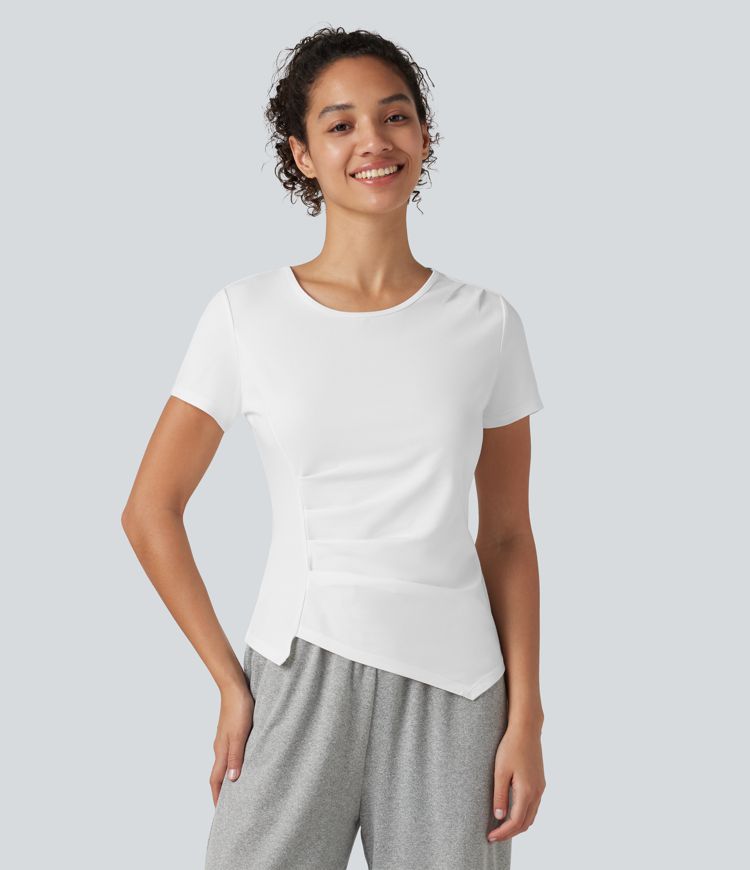Top deportivo de algodón para correr, cuello redondo, manga corta, con fruncido y bajo asimétrico, de secado rápido