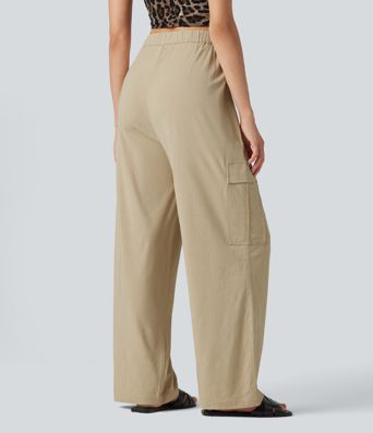 Mid Rise Drawstring Straight Leg Casual Stretch Linen Cargo Trousers with Pockets