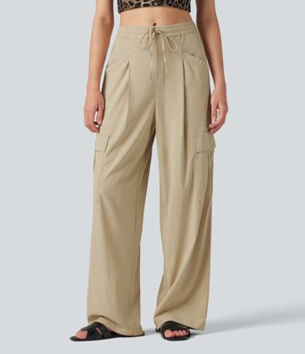 Mid Rise Drawstring Straight Leg Casual Stretch Linen Cargo Trousers with Pockets