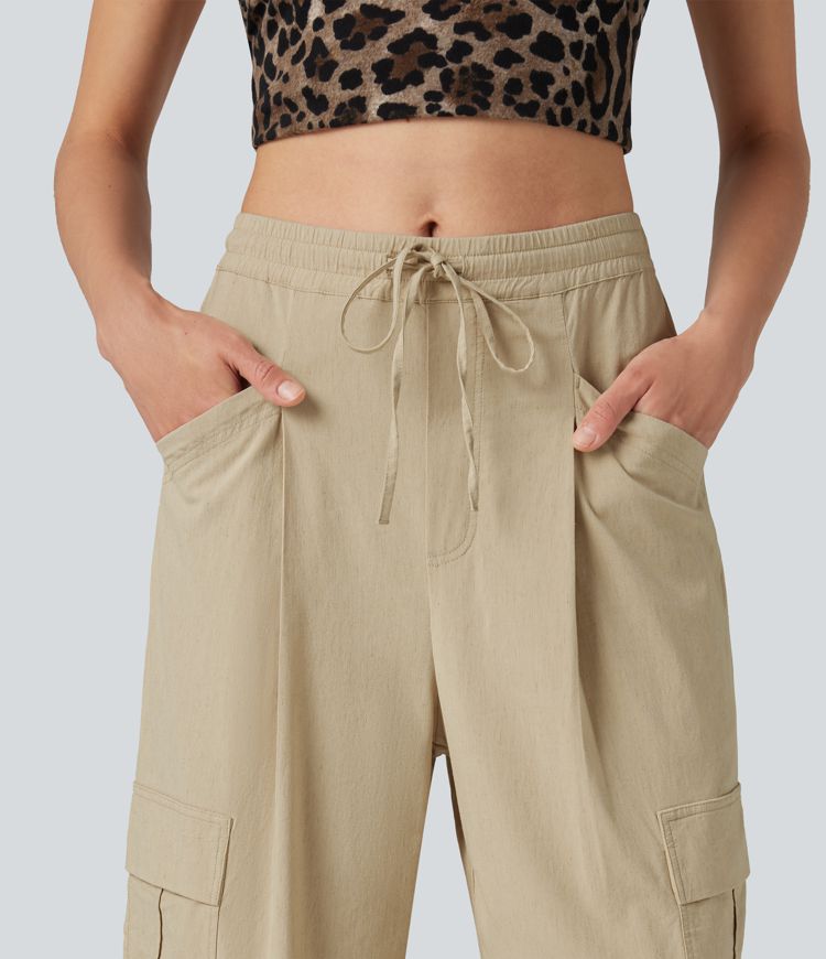 Mid Rise Drawstring Straight Leg Casual Stretch Linen Cargo Trousers with Pockets