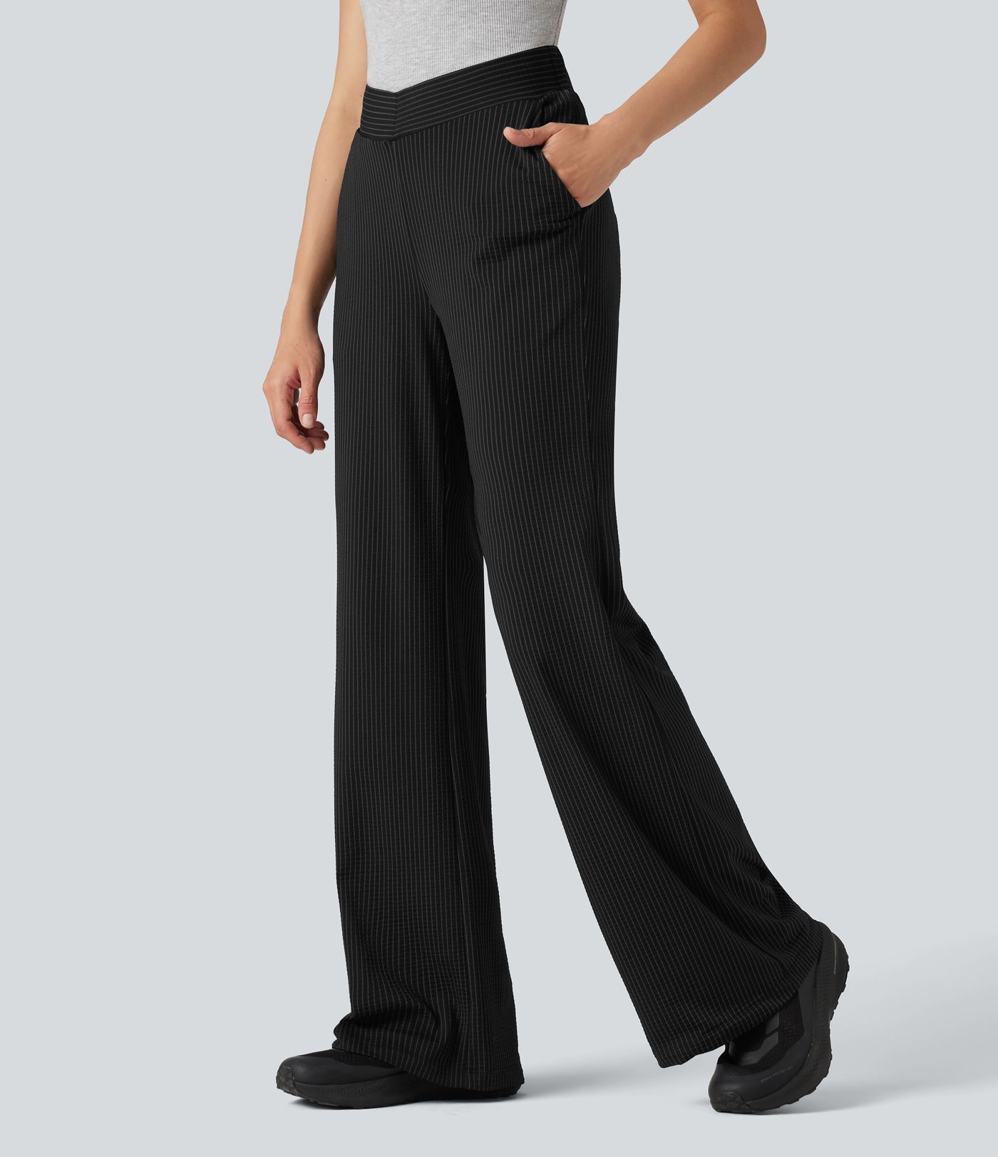 V Shaped High Waisted Stripe Quick Dry Flare Casual Pants with Pockets-UPF40+