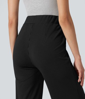 V Shaped High Waisted Stripe Quick Dry Flare Casual Pants with Pockets-UPF40+