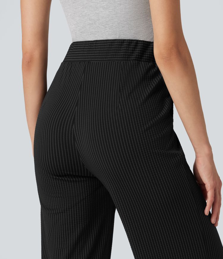 V Shaped High Waisted Stripe Quick Dry Flare Casual Pants with Pockets-UPF40+