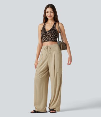 Mid Rise Drawstring Straight Leg Casual Stretch Linen Cargo Trousers with Pockets