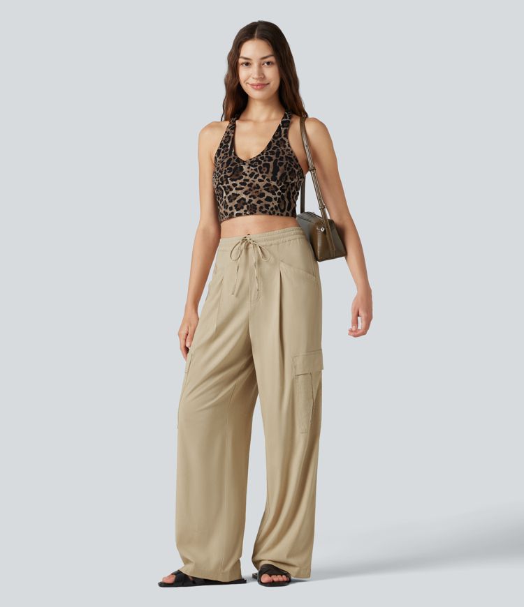 Mid Rise Drawstring Straight Leg Casual Stretch Linen Cargo Trousers with Pockets