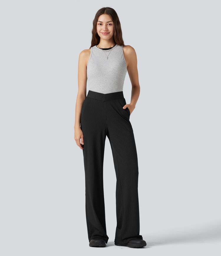 V Shaped High Waisted Stripe Quick Dry Flare Casual Pants with Pockets-UPF40+
