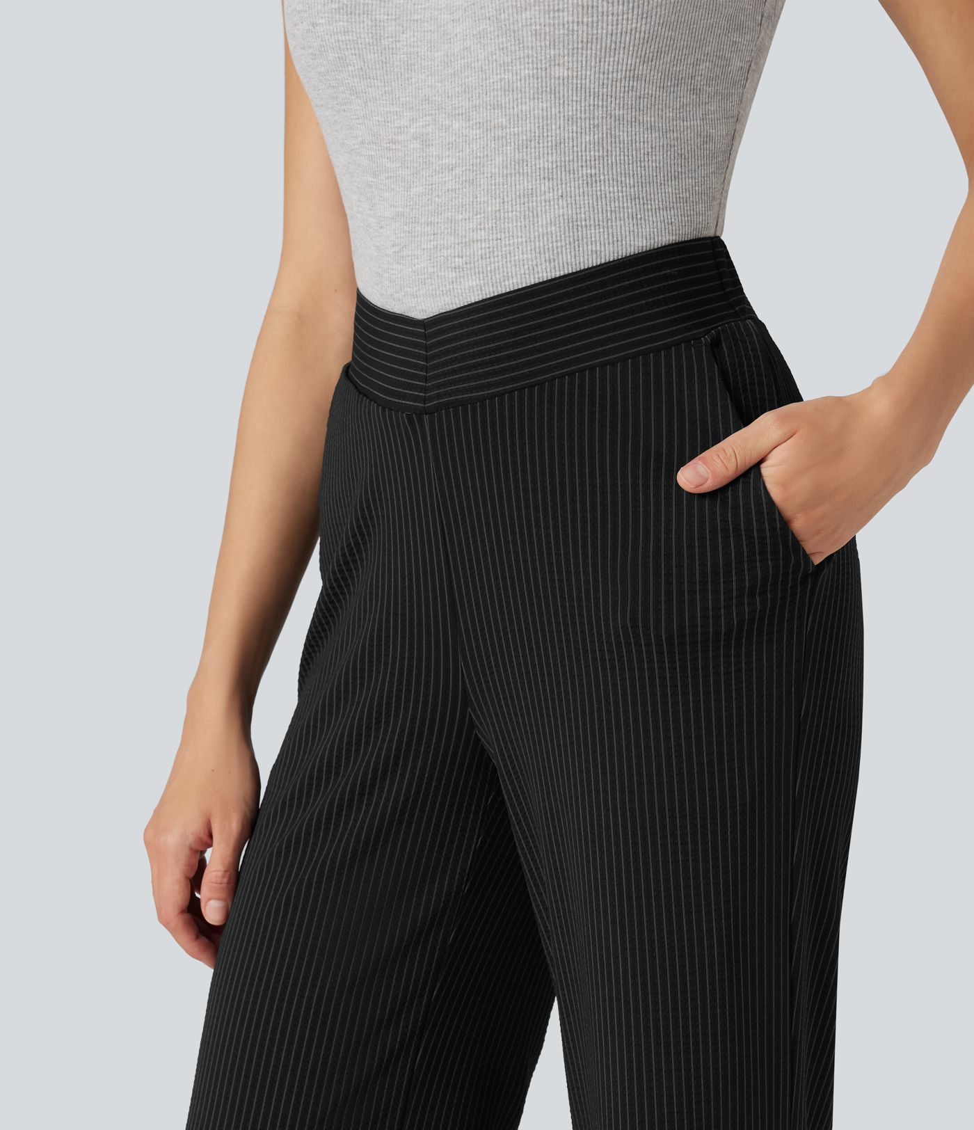 V Shaped High Waisted Stripe Quick Dry Flare Casual Pants with Pockets-UPF40+