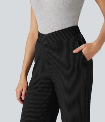 V Shaped High Waisted Stripe Quick Dry Flare Casual Pants with Pockets-UPF40+