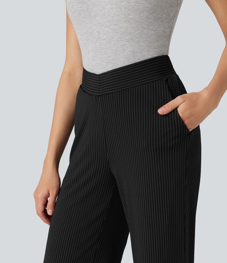 V Shaped High Waisted Stripe Quick Dry Flare Casual Pants with Pockets-UPF40+
