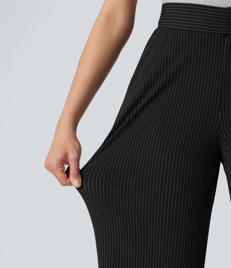V Shaped High Waisted Stripe Quick Dry Flare Casual Pants with Pockets-UPF40+