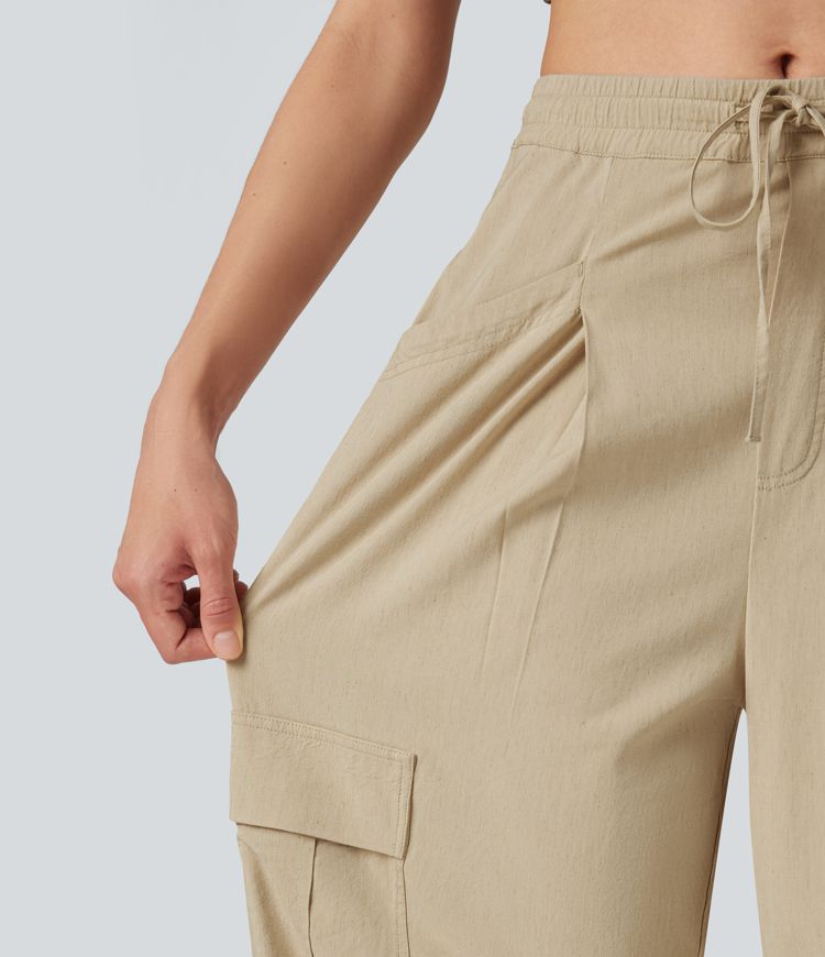 Mid Rise Drawstring Straight Leg Casual Stretch Linen Cargo Trousers with Pockets