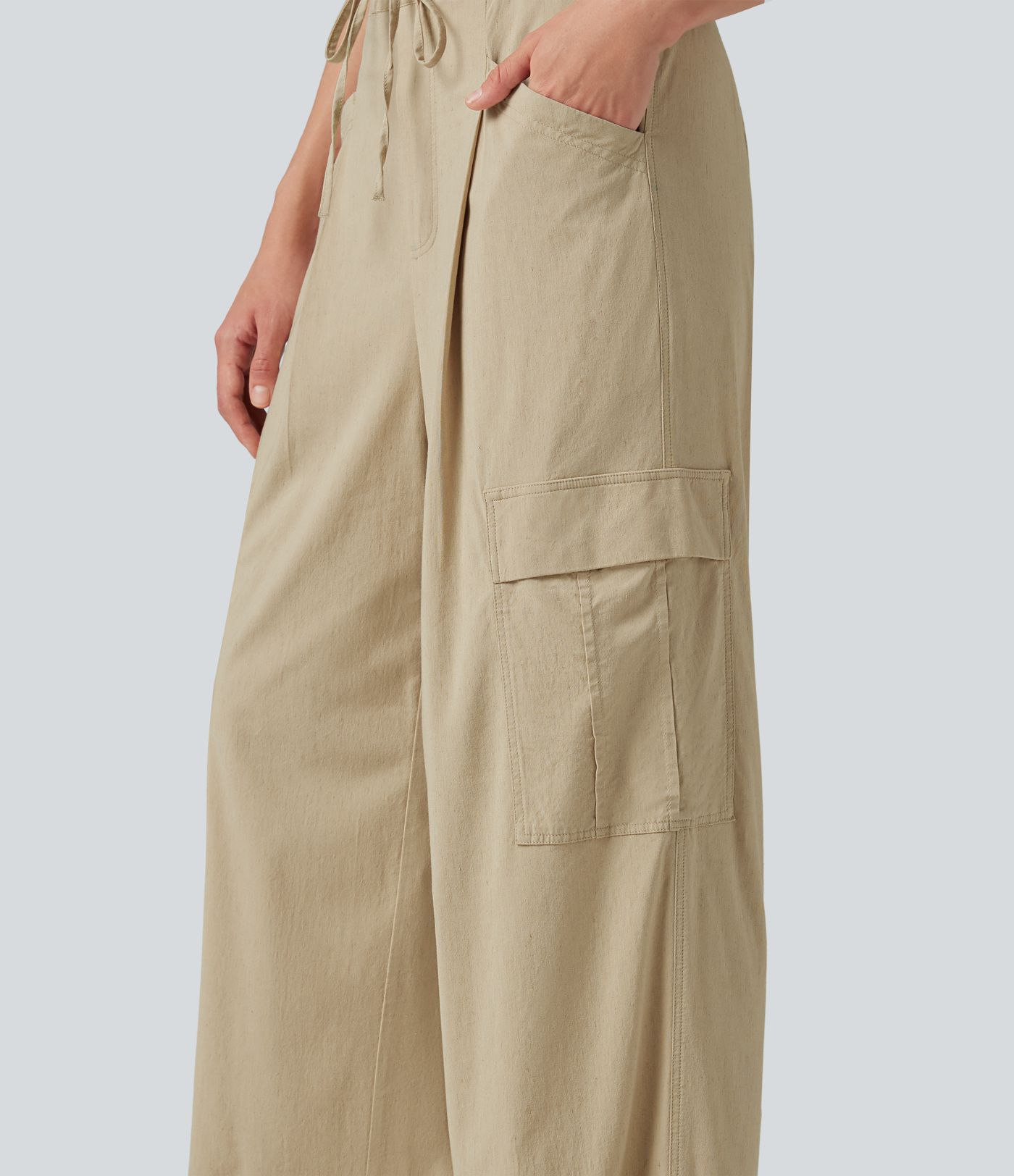 Mid Rise Drawstring Straight Leg Casual Stretch Linen Cargo Trousers with Pockets