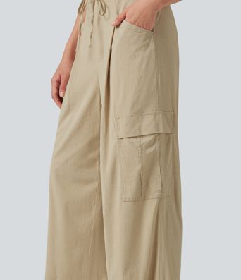 Mid Rise Drawstring Straight Leg Casual Stretch Linen Cargo Trousers with Pockets