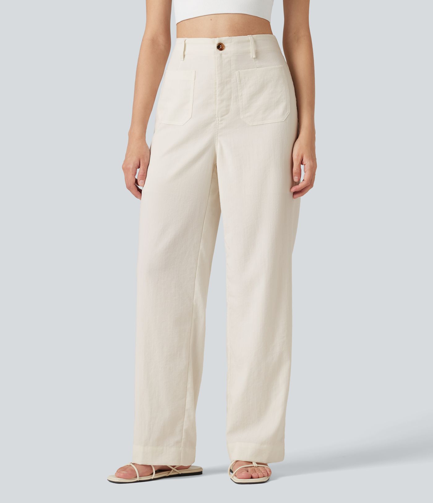 High Waisted Straight Leg Casual Linen-Feel Pants with Pockets
