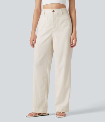 High Waisted Straight Leg Casual Linen-Feel Pants with Pockets