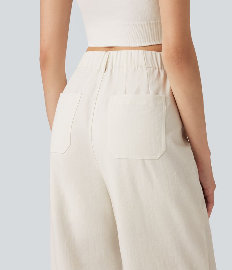 High Waisted Straight Leg Casual Linen-Feel Pants with Pockets