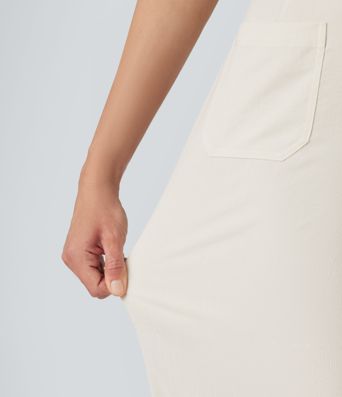 High Waisted Straight Leg Casual Linen-Feel Pants with Pockets