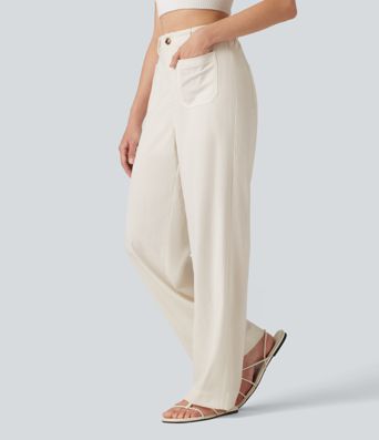 High Waisted Straight Leg Casual Linen-Feel Pants with Pockets