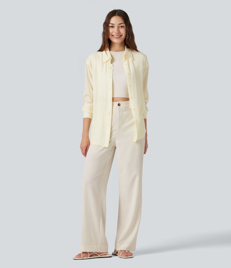 High Waisted Straight Leg Casual Linen-Feel Pants with Pockets