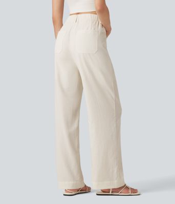 High Waisted Straight Leg Casual Linen-Feel Pants with Pockets